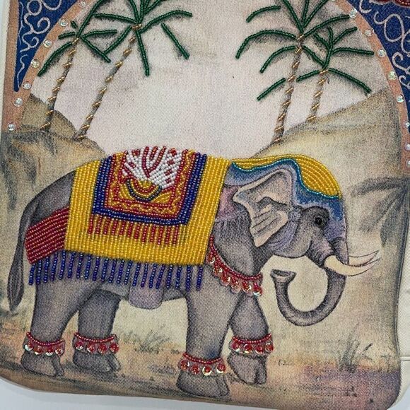 Vintage Ornate Retro Beaded Embroidered Elephant Purse Bag Tote with Wooden Bamb - Picture 4 of 11